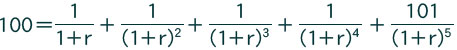 100=1/(1+r)+1/(1+r)^2 +1/(1+r)^3 +1/(1+r)^4 +101/(1+r)^5 
