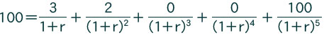 100=3/(1+r)+2/(1+r)^2 +0/(1+r)^3 +0/(1+r)^4 +0/(1+r)^5